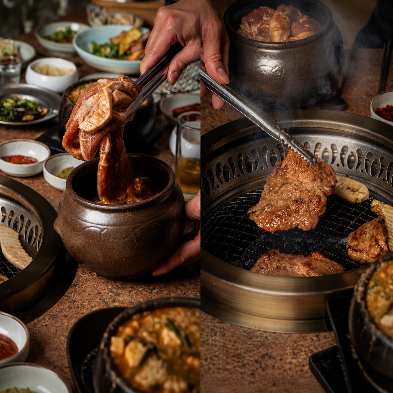 항아리에서 꺼낸 산솔의 맥적을 집게로 불판 위에 올리는 두 장면